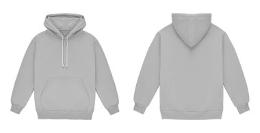 Boş gri kapüşonlu kapüşonlu. Damgalamak için uzun kollu kapüşonlu sweatshirt. Hoody ön ve arka üst görünümü beyaz arkaplanda izole