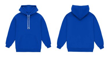 Düz mavi kapüşonlu kapüşonlu. Damgalamak için uzun kollu kapüşonlu sweatshirt. Hoody ön ve arka üst görünümü beyaz arkaplanda izole