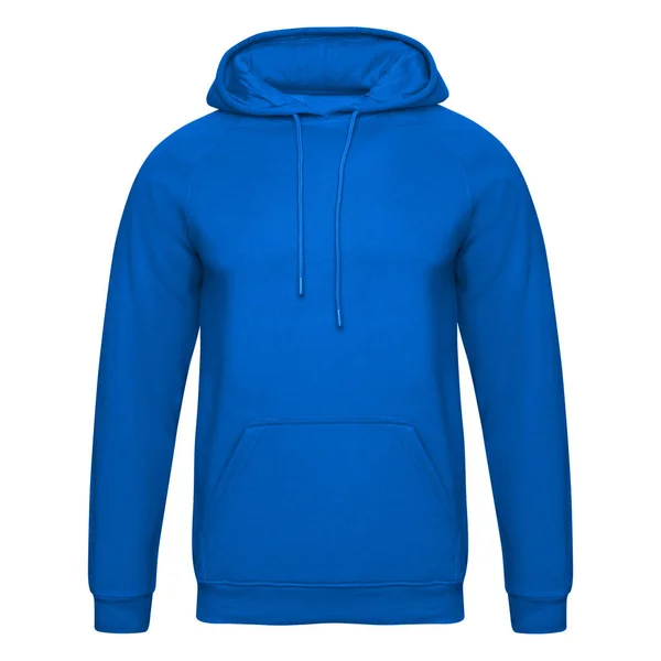 Template blauwe hoodie geïsoleerd op wit. Hoodie sweatshirt mockup front view voor design en print. Hoody sportkleding met lange mouw en knippad — Stockfoto