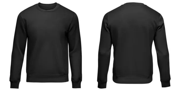 Μαύρο φούτερ. Pullover κενό με μακρύ μανίκι, mockup για σχεδιασμό και εκτύπωση. Φούτερ εμπρός και πίσω όψη απομονώνονται σε λευκό φόντο — Φωτογραφία Αρχείου