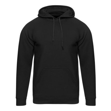 Beyaz üzerine siyah kapüşonlu şablon. Kapüşonlu sweatshirt tasarım ve baskı için ön görünüm. Uzun kollu ve kırpma yolu olan kapüşonlu sporlar.