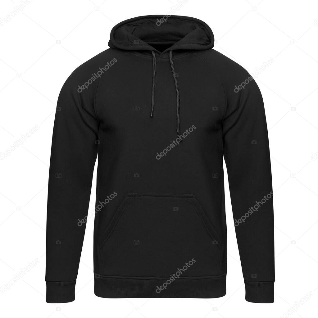 Template black hoodie isolated on white. Hoodie sweatshirt mockup front view for design and print. Hoody sports wear with long sleeve and clipping path.
