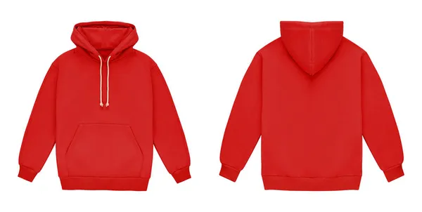 Template blanco rode capuchon. Hoodie sweater met lange mouwen flatlay mockup voor design en print. Hoody voor- en achteraanzicht geïsoleerd op witte achtergrond — Stockfoto