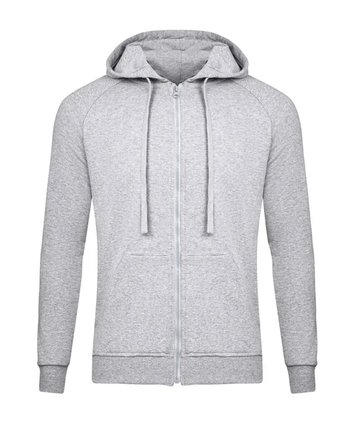 Grey hoodie template dengan zip. Sweater Hoodie lengan panjang dengan ritsleting, untuk desain mockup untuk cetak. Hoody terisolasi pada latar belakang putih — Stok Foto