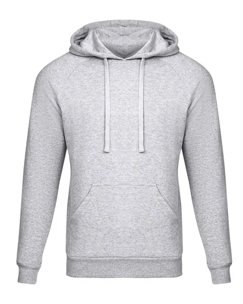 Template grijze hoodie geïsoleerd op wit. Hoodie sweatshirt mockup front view voor design en print. Hoody sportkleding met lange mouw en knippad — Stockfoto