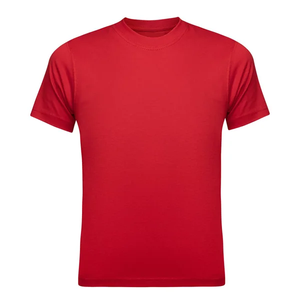 デザインテンプレートとして赤いTシャツモックアップ男性。ティーシャツ白に隔離されたブランク。正面図 — ストック写真