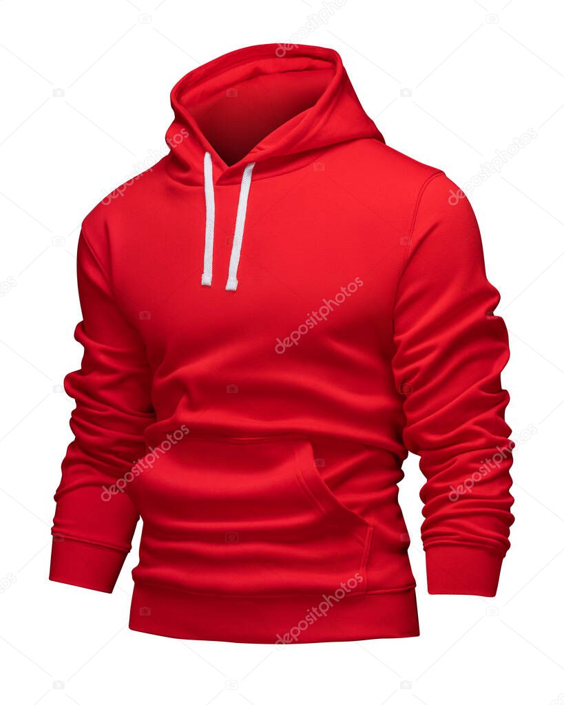 Red hoodie template. Hoodie sweatshirt long sleeve with clipping path, for design mockup for print. Hoody isolated on white background. Half turn.