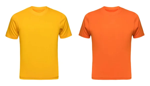 Camiseta amarilla plantilla hombres aislados en blanco. Camiseta naranja en blanco como maqueta de diseño. Vista frontal —  Fotos de Stock