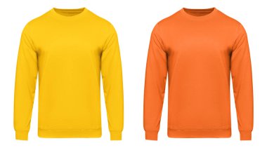 Sarı eşofman altı modeli. Uzun kollu kazak, kesme yolu, beyaz arka planda izole edilmiş. Tasarım ve yazdırma için erkek şablonu sweatshirt önü