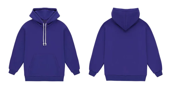 Template blanco platte violette hoodie. Hoodie sweater met lange mouwen flatlay mockup voor design en print. Hoody voor- en achteraanzicht geïsoleerd op witte achtergrond — Stockfoto