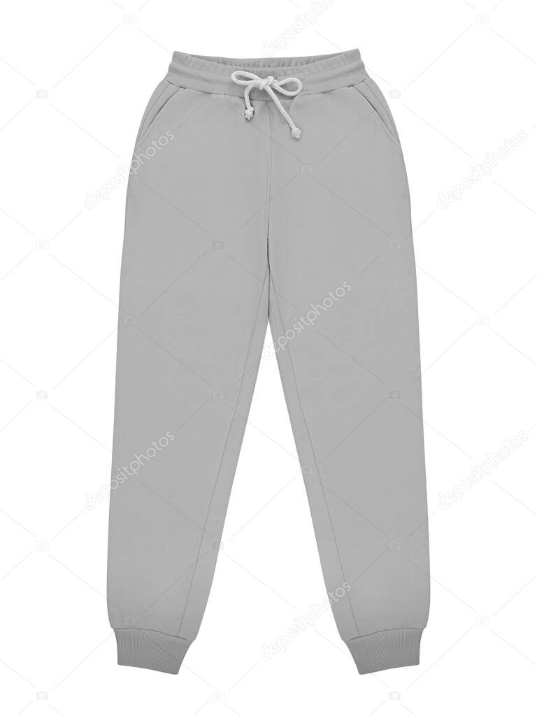 Grey jogger pants mockup. Template sports trousers front view for design. Fitness wear isolated on white.
