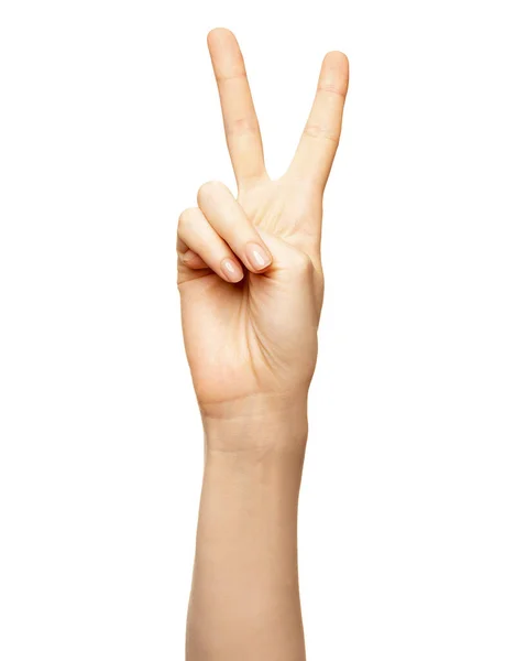 Female hand show number two, 2 finger isolated on white. Women hand show sign victory or v symbol — Stock Photo, Image