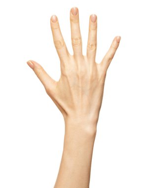 Kadın eli, beyaz üzerine izole edilmiş üç parmak işareti gösteriyor. Parlatmak için boş tırnakları olan güzel bir kadın eli.