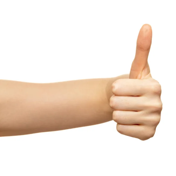 Kvinnlig hand visar tummen ok eller bra isolerad på vitt. Finger show tecken som eller cool närbild — Stockfoto