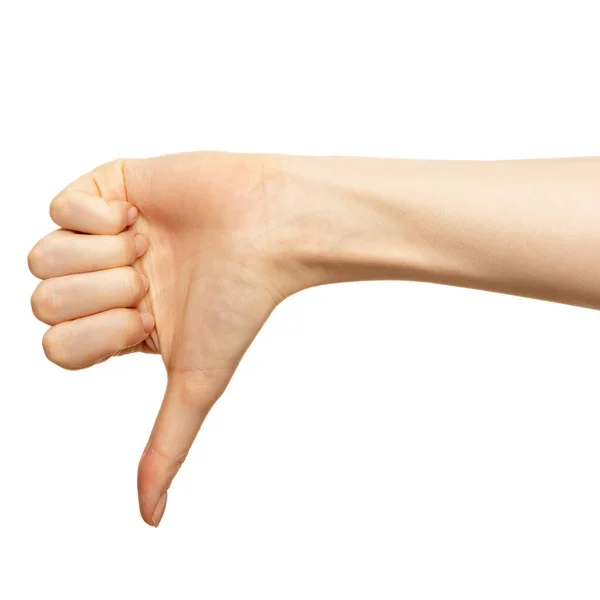 Hand show dislike or negative isolated on white. Female thumb show sign disapproval or unlike closeup. Women palm finger demonstrated down — Stock Photo, Image