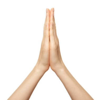 Eller namaste duasıyla bağlanmış, bembeyaz. Dişi eller umut ve din için dua eder. Hint ya da yoga jest parmakları.