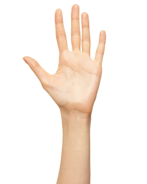 Kobieta pokazuje znak liczenia pięciu palców odizolowanych na białym. Piękna kobieta ręka z pustymi paznokciami do polerowania — Zdjęcie stockowe