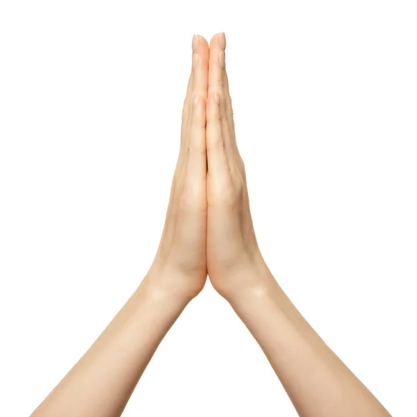 Руки сложены в намасте молитвы изолированы на белом. Руки женщины молятся, чтобы показать надежду и религию. Индийский или йога жест пальцы. — стоковое фото