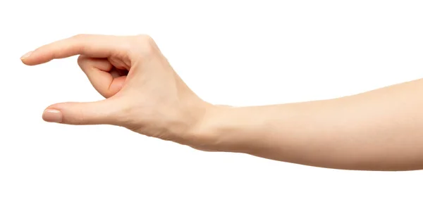 Woman hand showing size little or big object. isolated on white — Stock Photo, Image