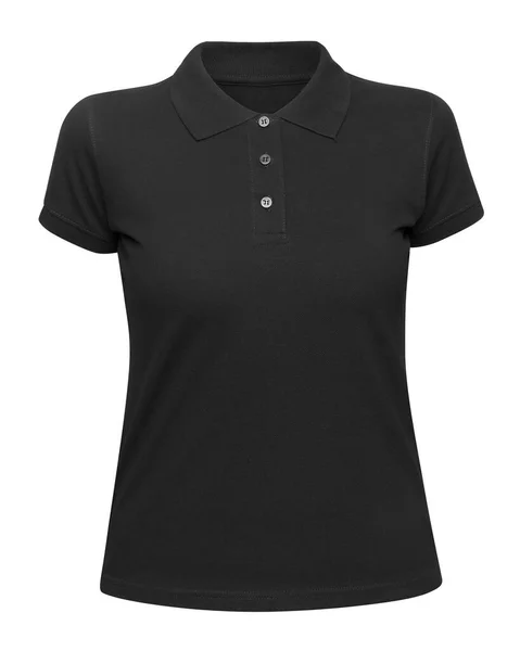 Mulher camisa polo preto isolado em branco. Mockup fêmea polo t-shirt vista frontal com manga curta — Fotografia de Stock