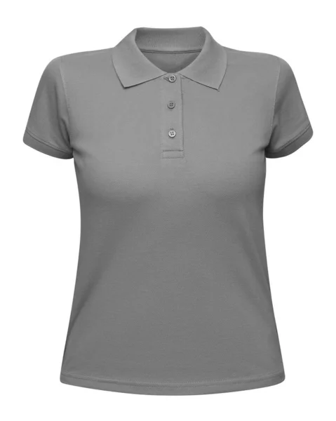 Dámská šedá polokošile izolovaná na bílém. Mockup ženské polo tričko přední pohled s krátkým rukávem — Stock fotografie