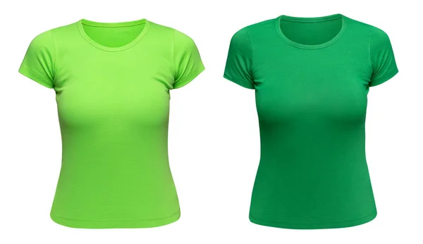 Tričko zelené ženy maketa jako šablona designu. Ženské Tee Shirt prázdné izolované na bílém. Pohled zepředu. — Stock fotografie