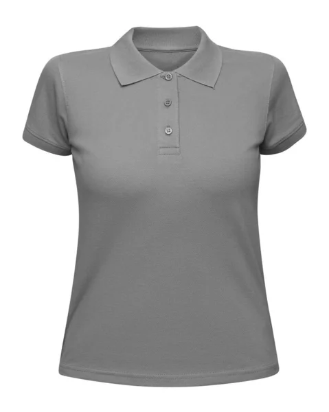 Mulher camisa pólo cinza isolado em branco. Mockup fêmea polo t-shirt vista frontal com manga curta Fotos De Bancos De Imagens Sem Royalties