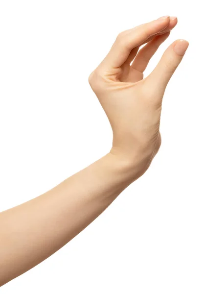 Kobieca ręka mierząca niewidzialny przedmiot. Szczypta palmy lub rozmiar Izolacja na białym. Część serii — Zdjęcie stockowe