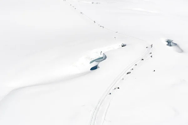 jungfrau dağ yolu karda yürürken kaplı