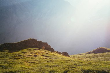 Arkasında kayalar ve tepeler olan renkli yeşil bir manzara. Güneş ışığıyla kaplı dev bir dağ duvarı. Güneş ışınları ve güneş patlamalarıyla minimalist, canlı, güneşli manzara. Minimum alp manzaralı. Sahne minimalizmi.