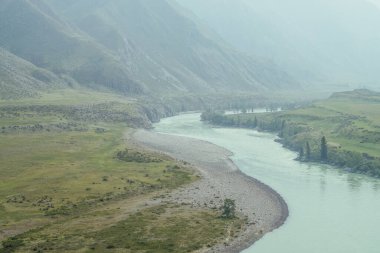 Geniş dağ nehri olan güzel sisli dağ manzarası. Koyu yeşil kasvetli manzara ve sisli dağ nehri. Yağmurlu havada, büyük dağların arasındaki büyük nehrin karanlık atmosferik görüntüsü.