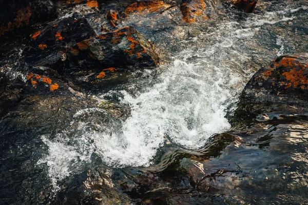 オレンジの地衣類と岩の間の澄んだ水の流れの風景自然背景 渓流の透明な水の中に地衣類石と大気中の山の風景 美しい渓流 — ストック写真