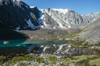 Karlı dağ, buzul gölünün berrak sularına yansıyor. Berrak gökyüzünün altındaki dağ gölünün su yüzeyinde buzul yansıması olan güzel güneşli bir manzara. Dağdaki gölde yansıyan karlar..