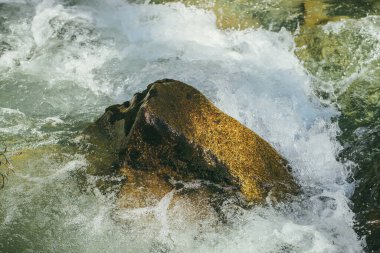 Güneşli bir günde, dağ nehrinin çalkantılı akışında büyük kayalarla dolu renkli bir arka plan. Su yüzeyi güneş ışığında büyük bir taşla yakın çekim yapıyor. Hızlı nehirde güzel akıntılar. Dağ deresi kapanıyor..