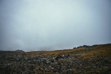 Dağlık bölgelerdeki uçurumun kenarındaki karanlık atmosferik manzara. Alçak bulutlar arasında tehlikeli dağlar ve uçurum. Tehlikeli dağ geçidi ve bulutlardaki keskin kayalar. Dağlarda tehlikeli bulutlu yağmurlu hava.