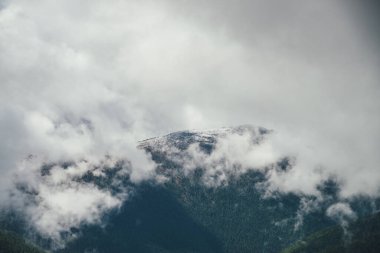 Muazzam dağ manzaralı, karla kaplı, bulutlu, gri alçak bulutlarla kaplı büyük orman dağına. Atmosferik manzara. Güzel dağ sırtı. Yağmur bulutlarının tepesinde kar var..