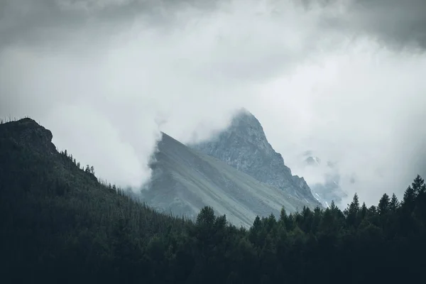 黑暗的大气景观 高岩石的山顶在巨大的低云层之间 灰蒙蒙的天空中岩石背景上的黑暗的森林轮廓 阴云密布的黑山峰景 — 图库照片