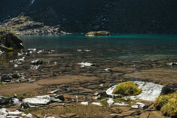 Sunny Beautiful Scenery Mosses Grasses Stones Water Edge Mountain Lake — Stock Photo, Image