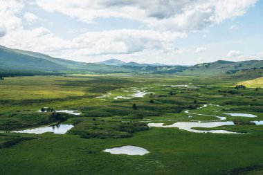 Orman tepeleri arasında, masa üzerinde göl sistemi olan güzel yeşil dağ manzarası. Platoda göl grubuyla manzara. Mavi göl sistemi ve geniş vadideki kanallar. Dağ gölleri sistemi