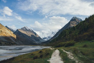 Sonbahar renklerinde vadideki su akarsuları boyunca uzanan, karlı dağları ve altın güneş ışığındaki kayaları gören manzaralı bir manzara. Dağ deresi ve karlı dağları olan renkli sonbahar manzarası