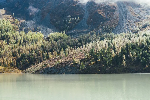 Paisagem Outono Colorida Com Lago Montanha Floresta Conífera Com Geada — Fotografia de Stock