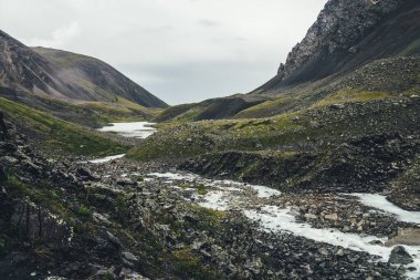 Atmosferik manzara, dağ gölü ve dağ deresi yağmurlu havalarda morinaların arasında. Saman nehri ve kayaların arasında gölle kaplı kasvetli bir manzara. Süt dağı nehri ve gölün kasvetli manzarası.