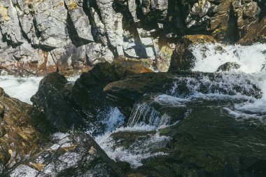 Atmosferik dağ manzarası, çalkantılı dağ nehri, kayalık duvarın yakınındaki yosunlu kayalar arasında güneş ışığı. Güneşin altında güçlü dağ nehrinde ıslak yosunlu taşlarla güzel bir dağ manzarası..