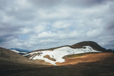 Güneşli dağ çölü, düşük bulutlu gökyüzünün altında gün ışığında buzulla birlikte. Dağların tepelerinde küçük buzulları olan manzaralı dağlık araziler. İskoç çölünün minimalist dağ manzarası.