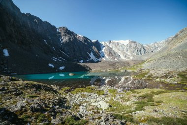 Karlı dağ, buzul gölünün berrak sularına yansıyor. Berrak gökyüzünün altındaki dağ gölünün su yüzeyinde buzul yansıması olan güzel güneşli bir manzara. Dağdaki gölde yansıyan karlar..