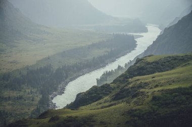 Geniş dağ nehri olan puslu dağ manzarası. Sis içindeki iki dağ nehrinin birleştiği koyu yeşil kasvetli manzara. Büyük nehirlerin yağmurlu havada birleşmesine karanlık atmosfer manzarası.