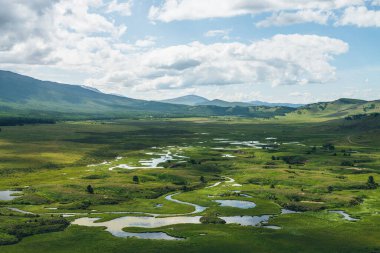 Orman tepeleri arasında, masa üzerinde göl sistemi olan güzel yeşil dağ manzarası. Platoda göl grubuyla manzara. Mavi göl sistemi ve geniş vadideki kanallar. Dağ gölleri sistemi