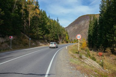 Sonbahar manzarasında, güneşli bir günde, sarı ağaçlarla dolu dağ yolunda bir araba. Sonbahar renklerinde dağ yolu. Sonbahar zamanı dağlarda otoyol. Rusya, Altai Cumhuriyeti, Chuysky yolu, 22 Eylül 2020