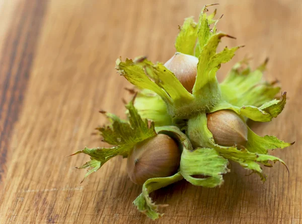 Hazelnuts in old sack on wooden table — Stock Photo, Image