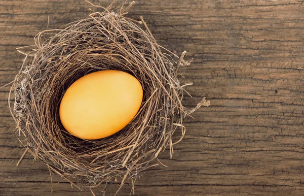 Uovo in un nido su assi di legno — Foto Stock